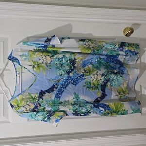 Susan Graver Women's S/S Floral Tunic, Green/Blue, 2X